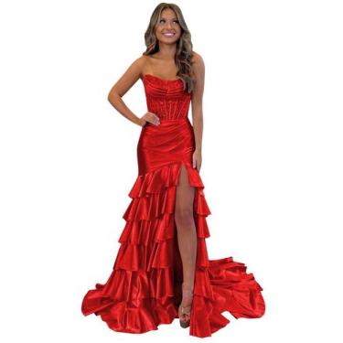 Imagem de Vestido de formatura Mollyevers Satin Mermaid Red, espartilho sem alça