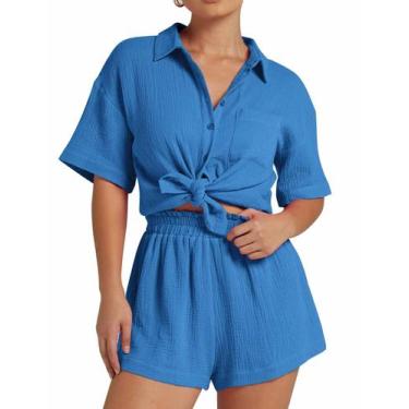 Imagem de Conjunto de linho Flygo feminino de 2 peças, pijama azul, XL, Resort W