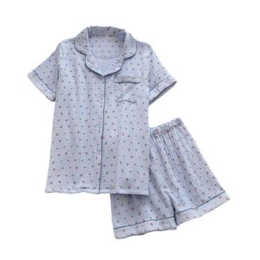 Imagem de Conjunto de pijama codcm, camisa e shorts femininos de manga curta, az