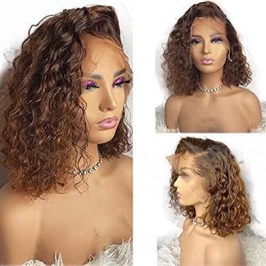 Imagem de Peruca Cabelo Humano Brasileiro Remy Ombre Marrom Cacheado Bob Sem Cola HD Transparente 13 × 4 lace frontal 4/30 peruca colorida pré-arrancada fechamento de parte profunda renda com baby hair para mulheres negras 150% densidade 25,4 cm