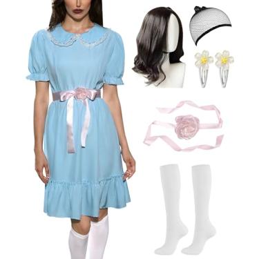 Imagem de ALIREVERIE Women Halloween Zipper Creepy Dress Short Puff Sleeves Sister Peter Pan Collar Gardy Twin Costume Blue Ruffled Hem 3XL