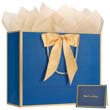 Imagem de 1 bolsa de presente grande com fita e 1 cartão comemorativo, 2 lenços de papel, bolsa de presente de papel portátil com alças (azul escuro)