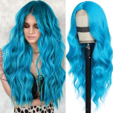 Imagem de Peruca BEAUTIFA Teal Blue Wavy 66cm Sintética Resistente ao Calor