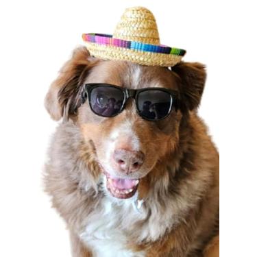 Imagem de Conjunto de óculos de sol C22 para cães + chapéu de palha mexicano sombrero raças médias 8 a 18 kg (preto dos anos 80 + chapéu de palha mexicano)