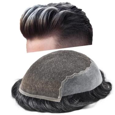 Imagem de Healthlif Toupee masculina natural peruca de renda suíça peruca de cabelo humano Remy para homens nós descoloridos sistema de substituição de cabelo peruca 6X9#1B20#1B preto + 20% cinza 100% densidade