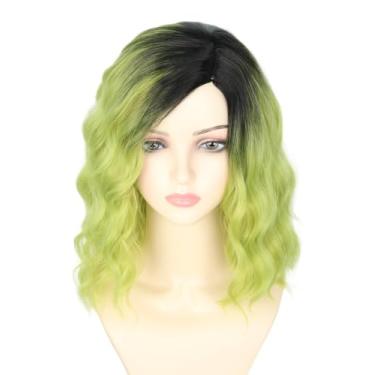Imagem de LeMarnia Peruca feminina curta verde mescla preta encaracolada peruca Bob Ombre para cosplay de Halloween peruca fantasia peruca