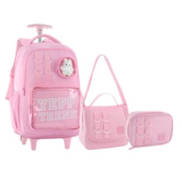 Imagem de Kit Escolar 3 em 1 Mochila Frente em PVC transparente Gatinho fofo com Rodinhas Bolsa Tiracolo Estojo Feminina (Rosa)
