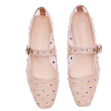 Imagem de QPAO Sapatilhas de balé de malha para mulheres, Mary Jane com alça de fivela, confortável vestido casual diário escritório bailarina sapatos rasos, Malha bege, 36