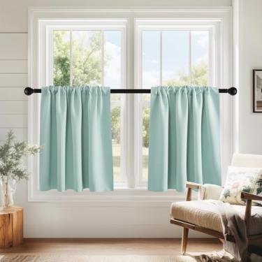 Imagem de PONY DANCE Cortinas de janela pequenas azul aqua para cozinha sobre pia de 61 cm de comprimento, cortinas pretas para trailer, cortinas curtas com isolamento térmico, largura 74 x C 61 cm, 2 painéis