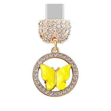 Imagem de ELISE & FONDA TP886 Tipo-C porta de carregamento cristal antipoeira pingente de celular pequena borboleta para iPhone 15/16/Samsung/OnePlus/Xiaomi/oppo telefones Android (amarelo)