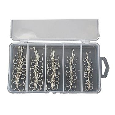 Imagem de Ganchos de pesca 50 pçs/caixa de aço de alto carbono triplos anzóis de pesca com ganchos de tweeter farpado para isca, acessórios de pesca marítima, equipamento de pesca, anzóis prateados ou pretos