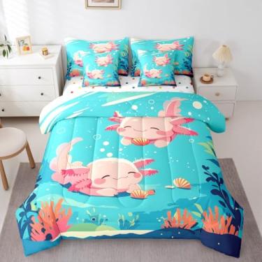Imagem de Erosebridal Jogo de cama kawaii rosa axolotls em uma bolsa para meninas adolescentes – Conjunto de edredom solteiro para crianças, azul, oceano, mar, conjunto de cama para meninas adolescentes