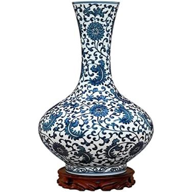 Imagem de LIFOND Vaso de flores vaso de cerâmica chinês pintado à mão vaso de flor de porcelana azul e branco 33,4 cm grande decoração vasos de arranjo de flores com base vaso de flores decoração de mesa