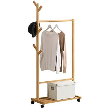 Imagem de Suporte para roupas com rodas, escorredor de roupas de bambu com 2 prateleiras, 3 ganchos e suporte para calças, para quarto de entrada, carga portátil 50 kg/marrom (natural)