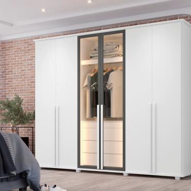 Imagem de Guarda-roupa Casal 6 Portas 5 Gavetas com Corrediças Telescópicas Nichos e Iluminação Led Bélgica Branco
