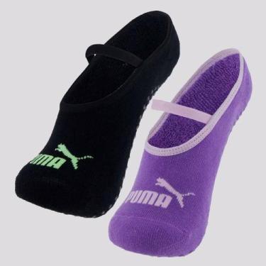 Imagem de Kit Meia Puma Pilates Feminina 2 pares Roxa e Preta, 34-39