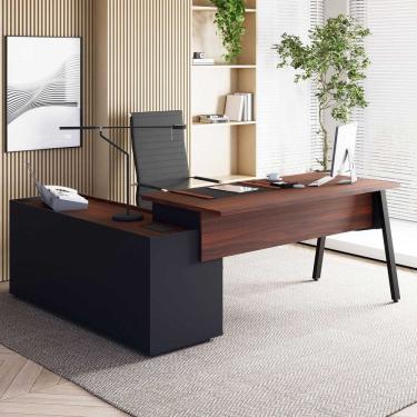 Imagem de Mesa L Diretor 180cm com Armário Lateral Tampo Chanfrado Pés em Metal Industrial Executive Louro Preto / Preto