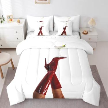 Imagem de Edredom infantil de salto alto vermelho, tamanho solteiro, feminino, glamouroso, 7 peças, decoração moderna vintage para crianças em todas as estações, branco e vermelho (elástico + lençol + 2 fronhas