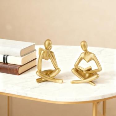 Imagem de EMINGSKY Estátua de pensador de leitura dourada, esculturas de resina, arte abstrata, decoração de casa, esculturas estéticas modernas para sala de estar, quarto, escritório, prateleira, mesa, estante