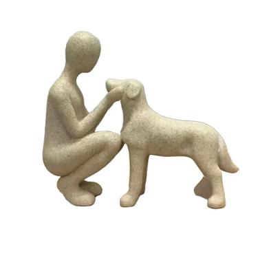 Imagem de KiBcsLic Estátua de homem e cachorro, ornamento para mesa, exibição memorial de animais de estimação, escultura de cachorro humano, estatueta para presente de, Bege