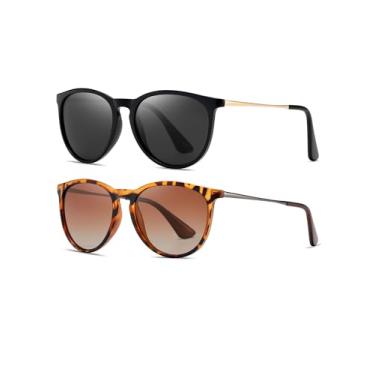 Imagem de (Pacote com 2) Óculos de sol polarizados para mulheres e homens, moderno, vintage, redondo, estilo clássico de designer retrô, Preto/dourado + carapaça de tartaruga/marrom