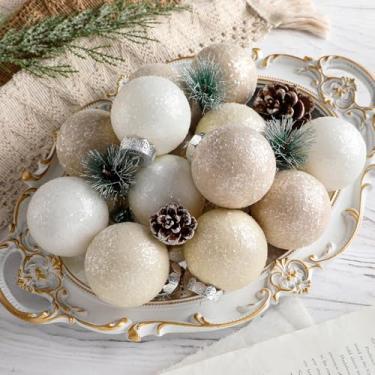 Imagem de WinnerWhy 24 peças de enfeites de Natal neutros açucarados texturizados ornamentos de bola branca rústica inquebrável bolas de árvore de Natal brilhantes modernas decorações de Natal para árvore de