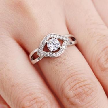 Imagem de Anel de zircônia cúbica em forma de olho para mulheres, design elegante de haste dividida com detalhe solitário ideal para noivado, casamento ou uso diário - joia exclusiva, 7, Latão Zircônia cúbica