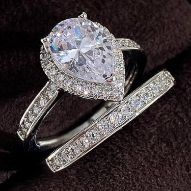 Imagem de Conjunto de anéis de zircônia cúbica em forma de gota d'água para mulheres, joias de casamento de luxo, 9, Latão, Zircônia cúbica