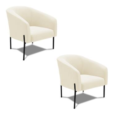 Imagem de Poltrona Decorativa Pé de Ferro Preto Kit 2 Stella Cotelê Ext/Veludo Off White D03 - D'Rossi