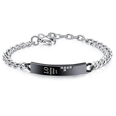 Imagem de Rockyu Pulseira masculina de aço inoxidável preta e prata com corrente cubana de identificação com mensagem de amor gravada com zircônia cúbica, joias modernas para uso diário e presentes