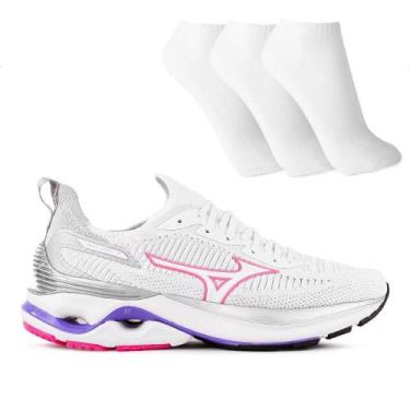 Imagem de Tênis Mizuno Wave Mirai 7 Feminino + 3 Pares de Meias, 39, Branco, Ros