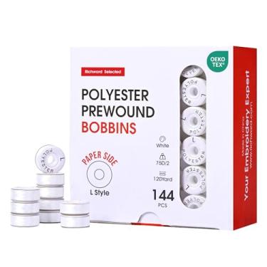 Imagem de Richword Bobinas pré-enroladas selecionadas, lado de papelão branco 144 peças tamanho G (SA155), 75D/2 (60WT) fio de bobina de poliéster para máquina de bordar multi agulhas comerciais, 120 jardas