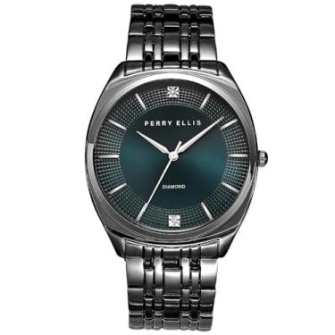 Imagem de Perry Ellis Relógio masculino Slim Diamond – Mostrador Sunray azul-petróleo, pulseira de liga metálica, analógico resistente à água