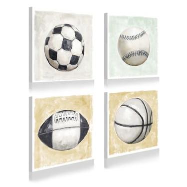 Imagem de Dream Land Conjunto de arte de parede em tela de bolas esportivas vintage - decoração de futebol, beisebol, basquete para quarto, sala de estar, espaço infantil - 12 x 12 4 peças