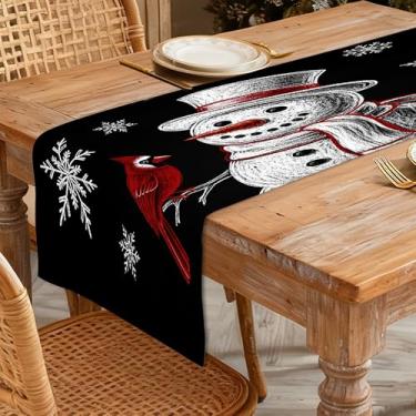 Imagem de Caminho de mesa de Natal 33 x 91 cm - Decoração de mesa de jantar de cozinha de inverno para decoração de casa, boneco de neve estilo giz impresso, pássaro vermelho, flocos de neve em fundo preto para