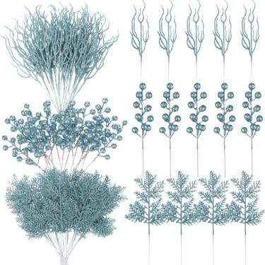 Imagem de Craftsatin 75 ramos de glitter de Natal, 3 estilos, palhetas artificiais de Natal, bagas, caules, agulhas de pinheiro, spray floral para enfeites de árvore de Natal, guirlanda de guirlanda DIY (azul