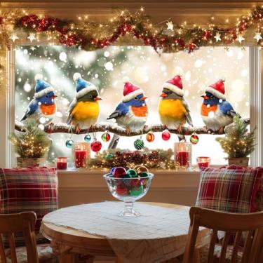 Imagem de HOMETITUTE Película para janela de vitral de Natal, pássaros com chapéus de Papai Noel, adesivos decorativos de vidro de privacidade, para férias, casa, sala de estar, quarto, escritório, 100 x 44 cm