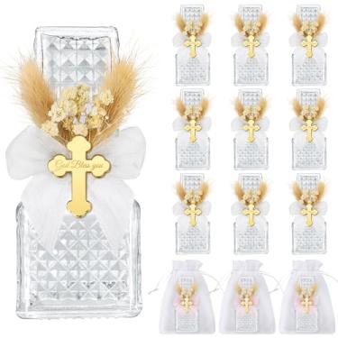 Imagem de Conjunto de 12 garrafas de água benta, lembrancinhas católicas de batismo de vidro a granel para convidados recipiente de água cristã com sacos de organza floral laço para presentes de sagrada