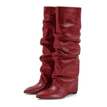 Imagem de MICIFA Botas femininas dobráveis, cano alto, cano baixo, salto cunha sem fecho, bico fino, cano largo, sapatos altos pretos, Vermelho, 35