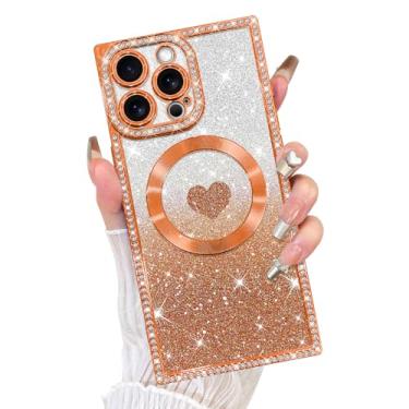 Imagem de Fiyart Capa projetada para iPhone 16 Pro Max, compatível com MagSafe Love Hearts Plating Soft Slim TPU retangular com glitter magnético à prova de choque para mulheres e meninas 17,5 cm - laranja