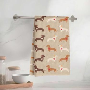 Imagem de Adoráveis toalhas de cozinha com padrão de dachshund e coração 33 x 58 cm, toalha de prato decorativa de microfibra absorvente, toalhas de mão de waffle para cozinha, casa, banheiro, presentes para