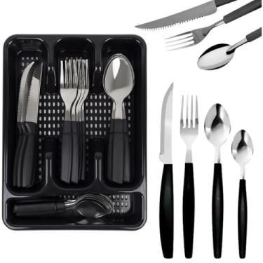 Imagem de Jogo de Talheres C/Suporte, Aço Inox, Colheres de Mesa, Garfos, Facas para Churrasco, Colheres de Chá e Organizador, Utensílio de Cozinha (Conjunto Talheres C/Suporte)