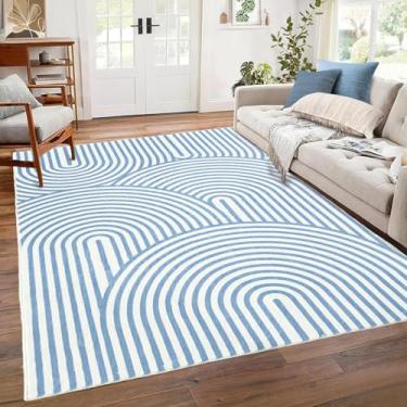 Imagem de Lacomfy Tapete de área abstrato moderno, 10 x 15 cm, arco-íris, linha grande, listrado, tapete de sala de estar, antiderrapante, lavável, para quarto, sala de jantar (12 x 15 cm, azul)