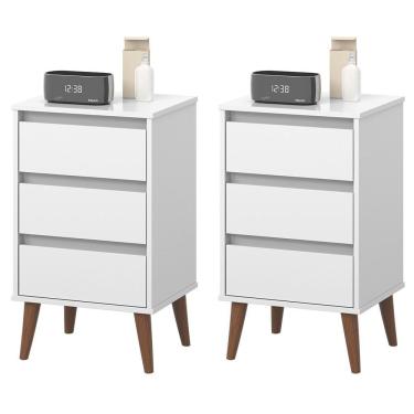 Imagem de Kit 2 Mesas De Cabeceira Wood - Mdp 3 Gavetas Corrediças Metálicas Branco - Movelove