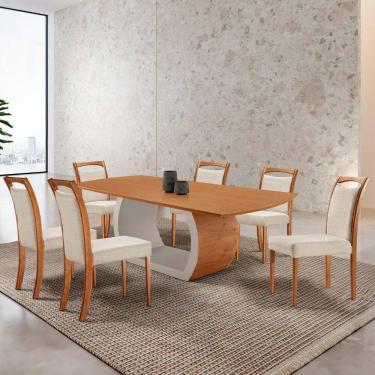 Imagem de Mesa Zeus 180cm Tampo Laminado Canto Barril Com 6 Cadeiras Linho Off Imbuia Natural