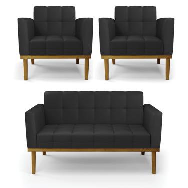 Imagem de Sofá Namoradeira e 2 Poltronas Base Madeira Castanho Elisa Corino Preto D03 - D'Rossi