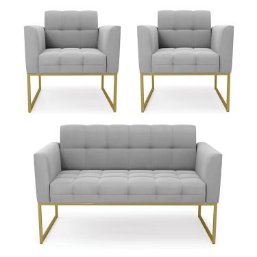 Imagem de Kit 1 Sofá Namoradeira e 2 Poltronas Elisa Suede Cinza Base Metálica Industrial Dourado D03 - D'Rossi