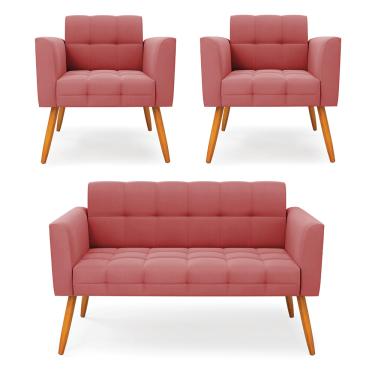 Imagem de Kit 1 Sofá Namoradeira e 2 Poltronas Elisa Suede Rosê Pés Palito Castanho D03 - D'Rossi