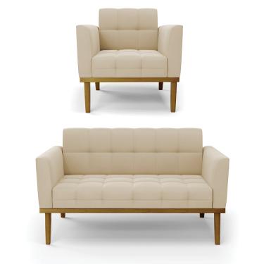 Imagem de Namoradeira com Poltrona Base de Madeira Castanho Elisa Suede Bege D03 - D'Rossi