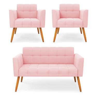 Imagem de Kit 1 Sofá Namoradeira e 2 Poltronas Elisa Suede Rosa Bebê Pés Palito Castanho D03 - D'Rossi